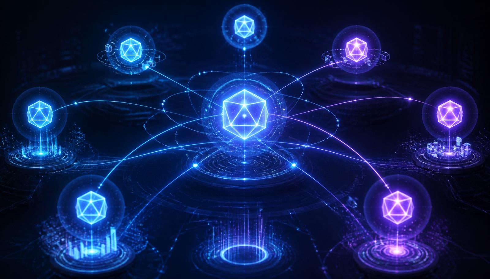 Nœuds connectés représentant des agents IA autonomes orchestrant des tâches